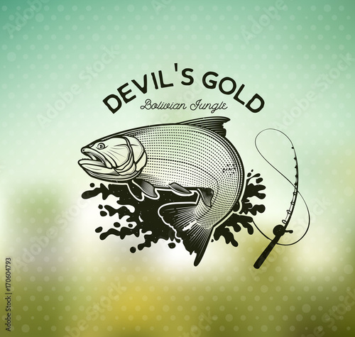 Golden Dorado Fishing emblem on blur background. Vector Illustration.