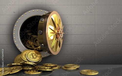 3d bitcoins heap over iron wall