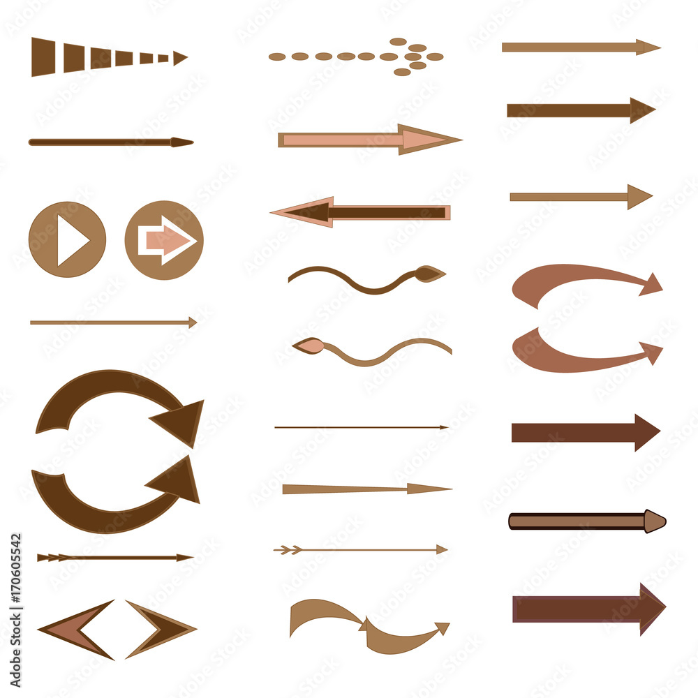 Brown and beige vector arrows. Set of colored vector arrows. The original arrow-shaped elements brown and beige colors. Vector illustration.