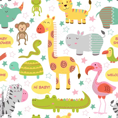 Tapety bezszwowy wzór z dziecko dżungli zwierzętami na białym tle - wektorowa ilustracja, eps