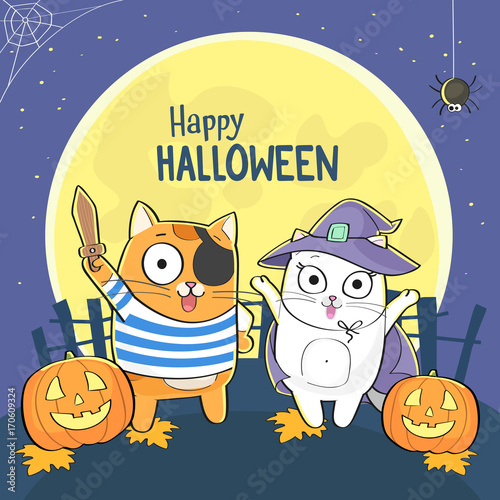 Happy halloween greeting card with cute cats in costumes and carved pumpkins 