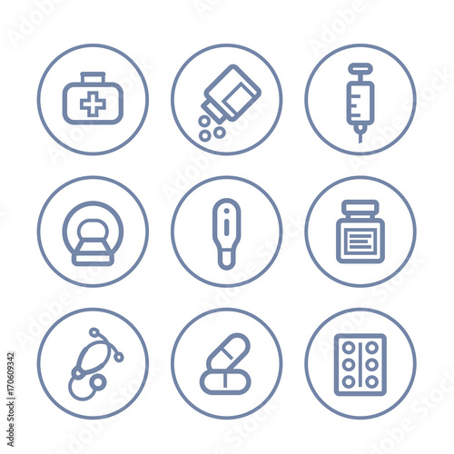 Healthcare, medical icons on white, linear style