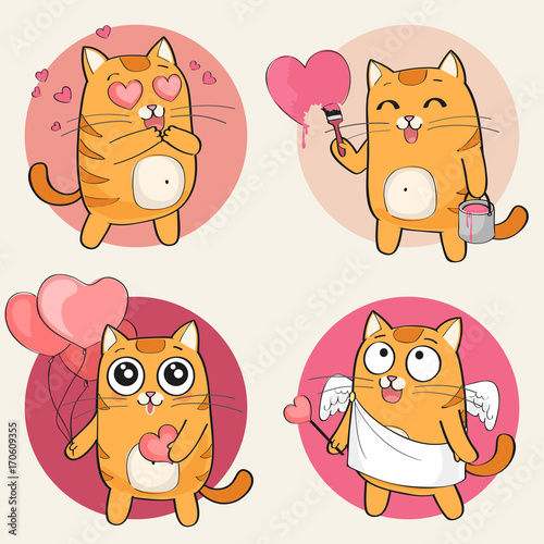 Cute cat character. Set of cute cartoon cat in various poses