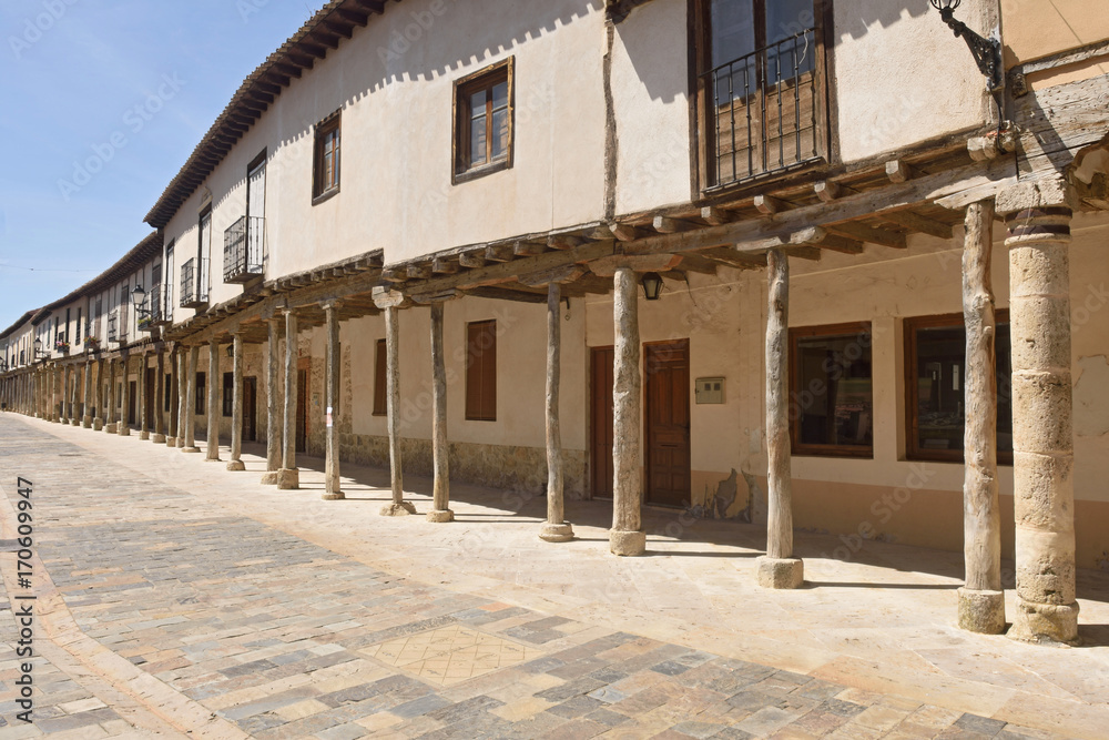 Street with arcades in Ampudia, Tierra de Campos, Palenciia province, Castilla y Leon, Spain