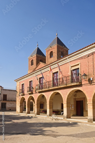 El Salvador church and town hall in Villanueva del Campo, Tierra de Campos Region, Zamora province, Castilla y Leon, Spain