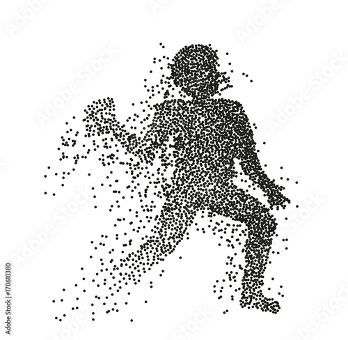 Particle divergent silhouette of american football player jumping with a ball.
