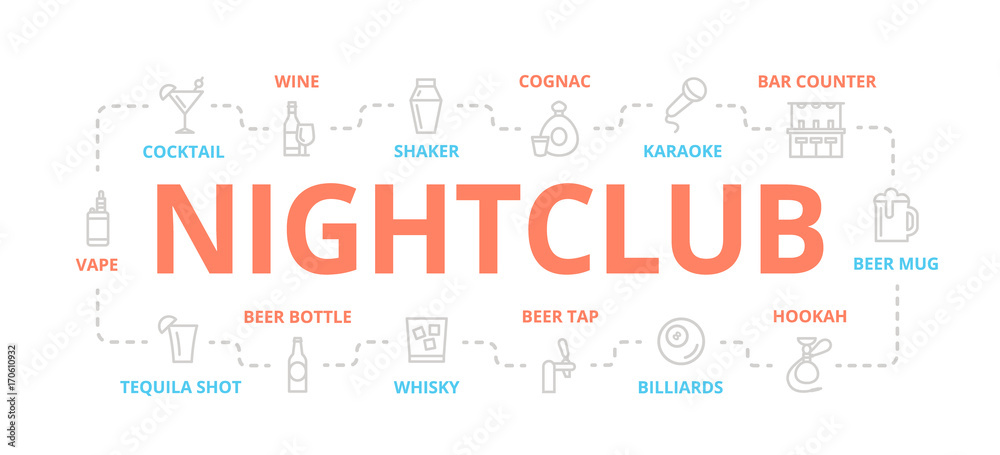 Fototapeta premium Vector night club thin line banner for design concept. Illustration for presentations on white background