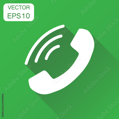 Phone icon. Business concept contact, support service sign pictogram. Vector illustration on green background with long shadow.