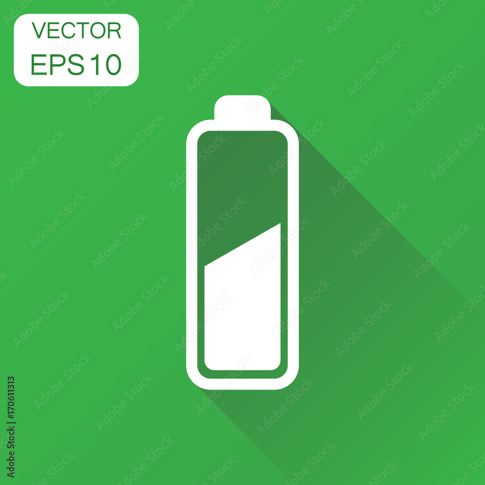 Battery charge level indicator icon. Business concept battery pictogram. Vector illustration on green background with long shadow. Battery charge level indicator icon. Business concept battery pictogram. Vector illustration on green background with long shadow.