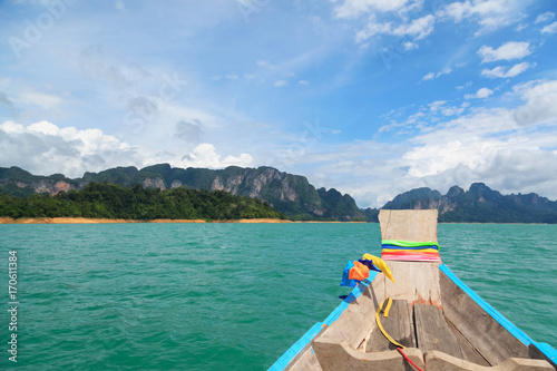 Point of view of Cheow Lan lake from long tail boat at Khao Sok National Park in Thailand