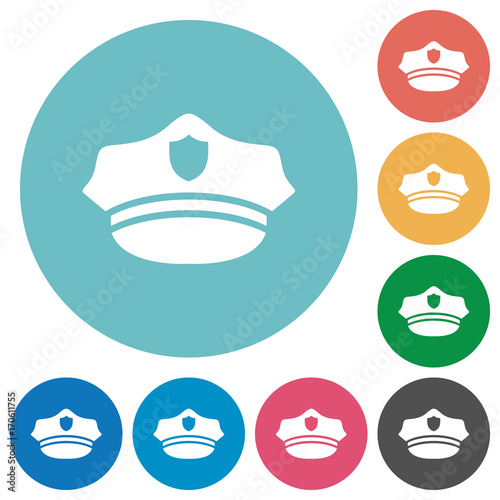 Police hat flat round icons