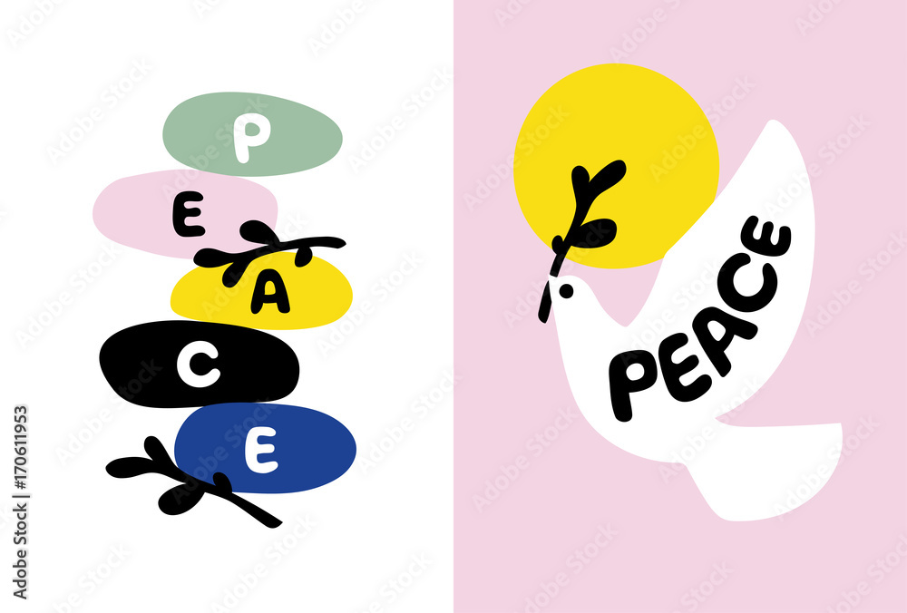 Peace day card with balanced stones and dove holding olive branch Peace day card with balanced stones and dove holding olive branch