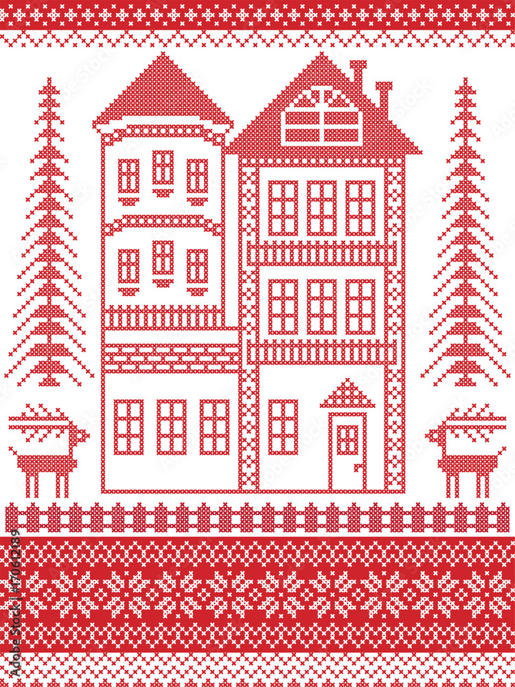 Nordic style and inspired by Scandinavian Christmas pattern illustration in cross stitch, red and white including gingerbread house with tower, snowflake, fence, decorative seamless ornate patterns 
