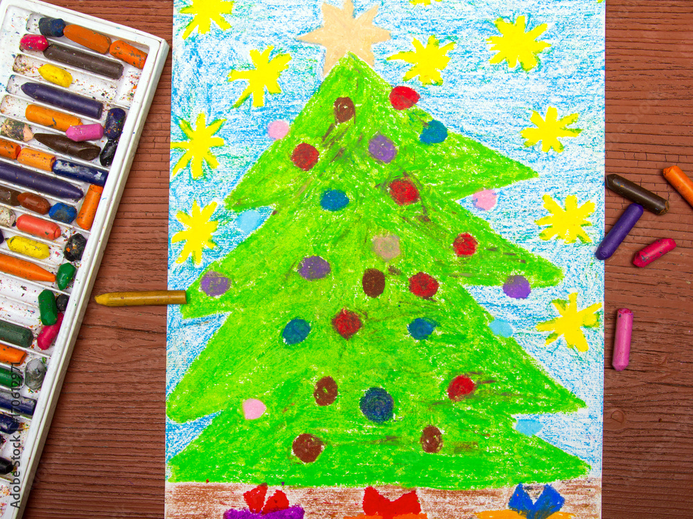 Colorful drawing: Christmas tree - obrazy, fototapety, plakaty 