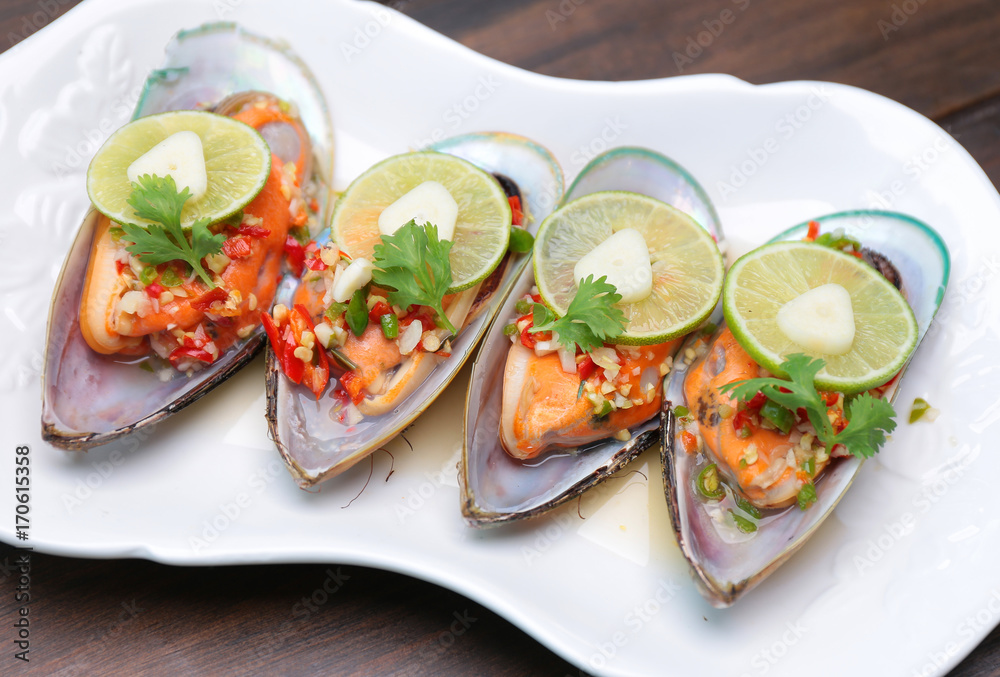 Spicy Mussel with Lime and Garlic , Thai Popular Food Spicy Mussel with Lime and Garlic , Thai Popular Food