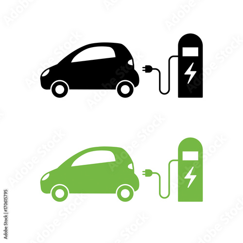 Electric car and electrical charging station icon. Hybrid Vehicle symbol. Eco friendly auto or electric vehicle concept.