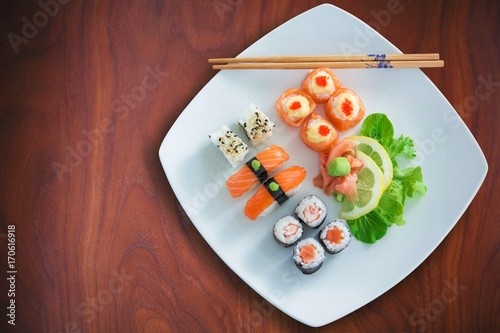 Composite image of high angle view of japanese food  photo