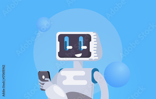 Chat Bot Free Wallpaper. The robot holds the phone, responds to messages