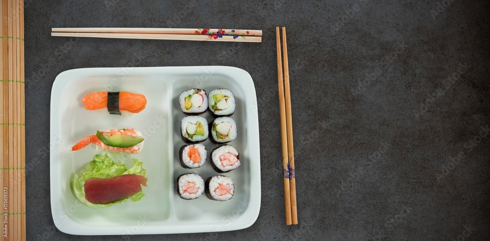 Composite image of high angle view of japanese food with