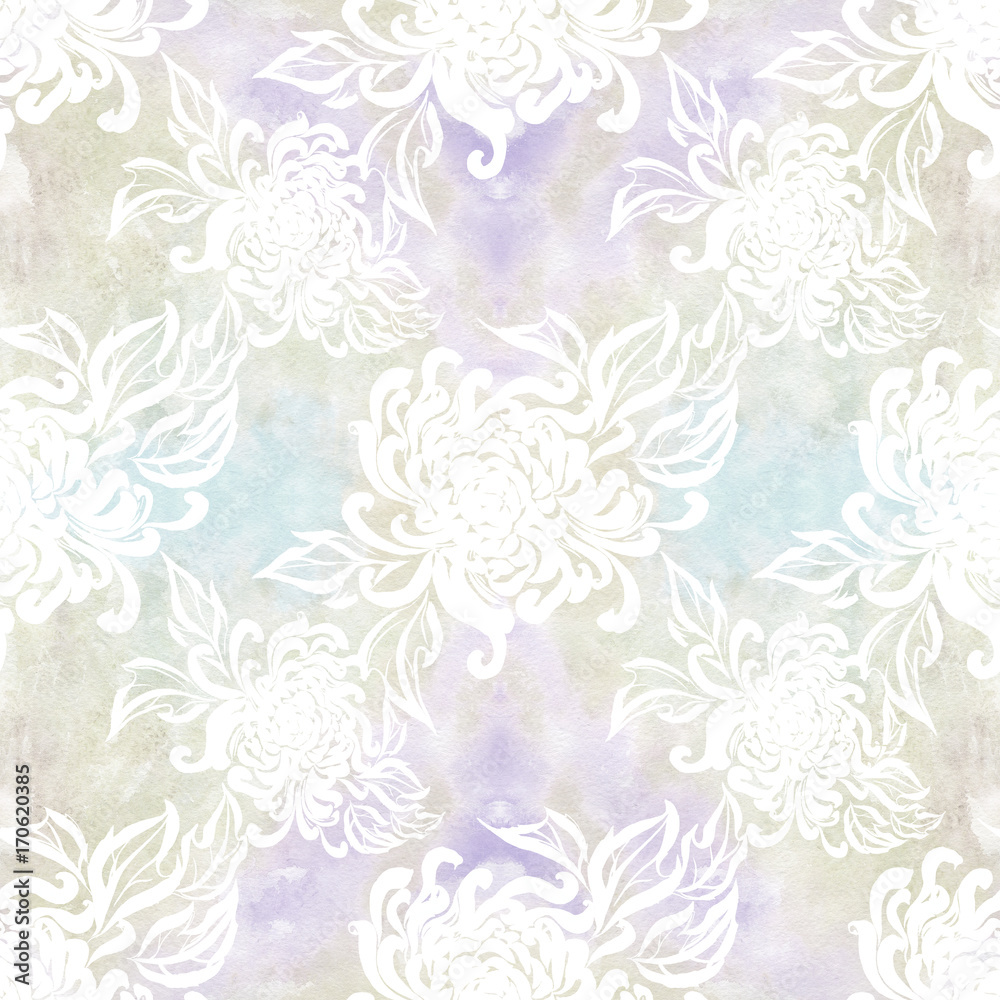 Seamless background. Flowers and leaves of chrysanthemum. Autumn flowers. Watercolor. Seamless pattern. Use printed materials, signs, items, websites, maps, posters, postcards, packaging.
