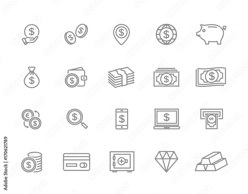 Set of vector bank and money line icons. Coin, cash, card, credit, atm, diamont, wallet, gold, deposit, purse, piggy, diamond, dollar, bag and more. Editable Stroke. Set of vector bank and money line icons. Coin, cash, card, credit, atm, diamont, wallet, gold, deposit, purse, piggy, diamond, dollar, bag and more. Editable Stroke.