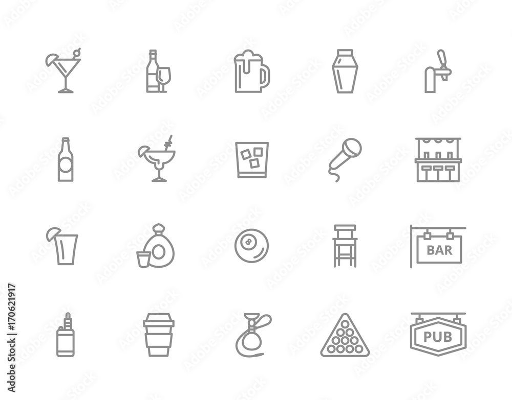 Set of vector alcohol and bar, night club line icons. Cocktail, wine
