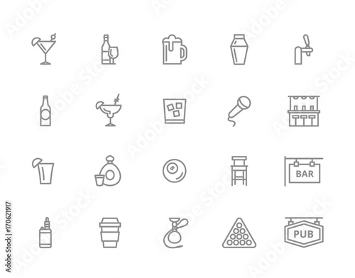 Set of vector alcohol and bar, night club line icons. Cocktail, wine, beer, cup, tequila, cognac, whiskey, shaker, whisky, karaoke, vape, shot, tap, billiard, hookah and more. Editable Stroke.