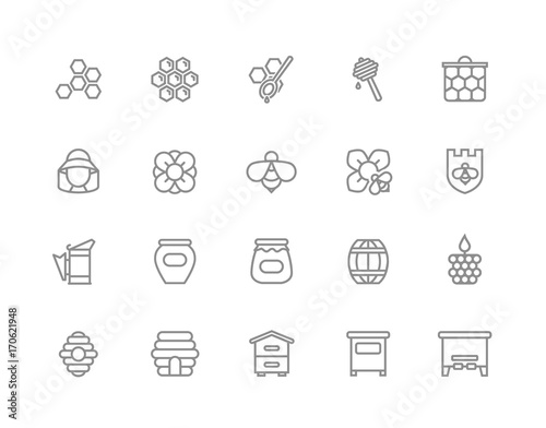 Set of vector honey line icons. Bee, honeycomb, barrel, beekeeper, dipper, jar, flower, beehive, pot, hexagon, beeswax, spoon and more. Editable Stroke. photo