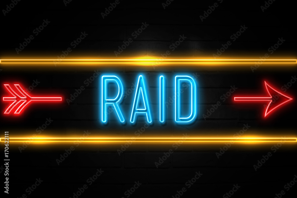 Raid - fluorescent Neon Sign on brickwall Front view Raid - fluorescent Neon Sign on brickwall Front view