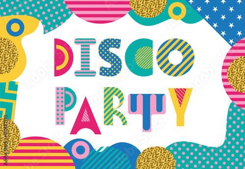 DISCO PARTY. Trendy geometric font in memphis style of 80s-90s. Rectangular frame from abstract geometric elements