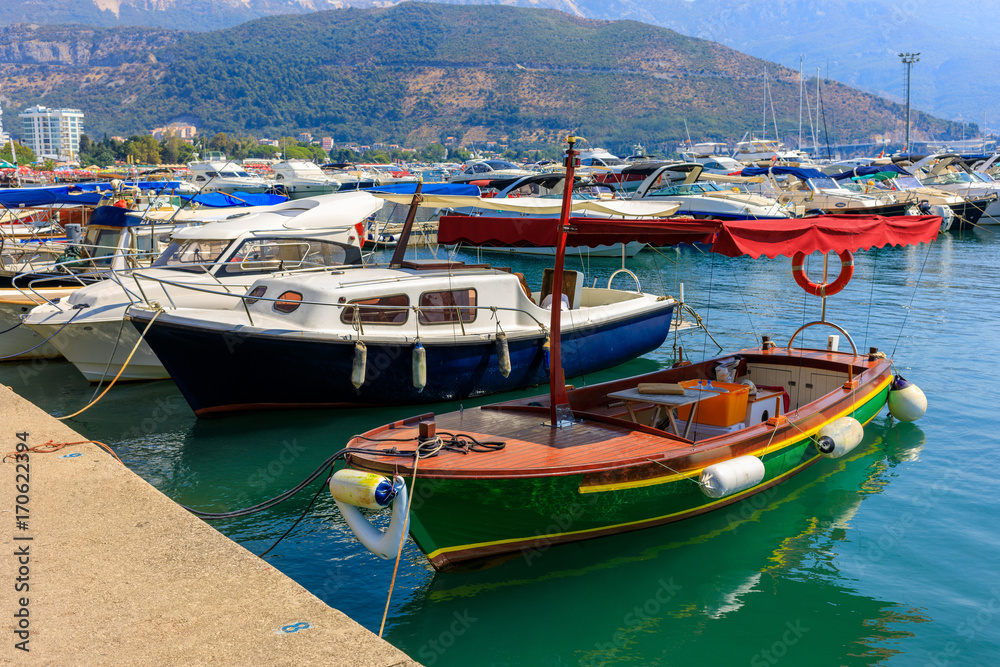 Colorful fishing boats in the bay of Budva, Montenegro