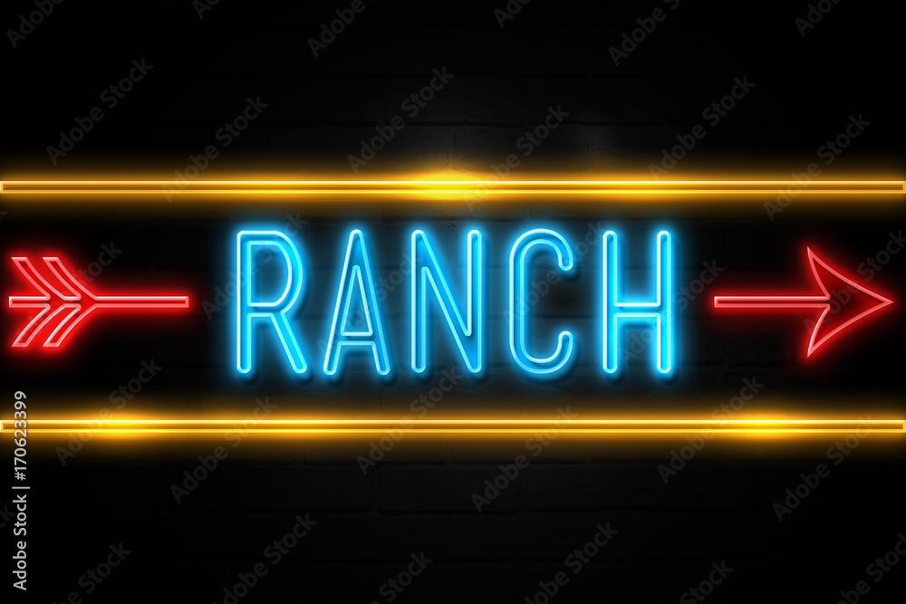 Ranch - fluorescent Neon Sign on brickwall Front view Ranch - fluorescent Neon Sign on brickwall Front view
