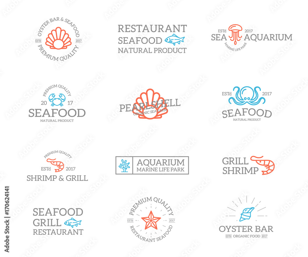 Naklejka premium Set of retro vintage fish and seafood logo or insignia, emblems, labels and badges and other branding objects. Vector line style