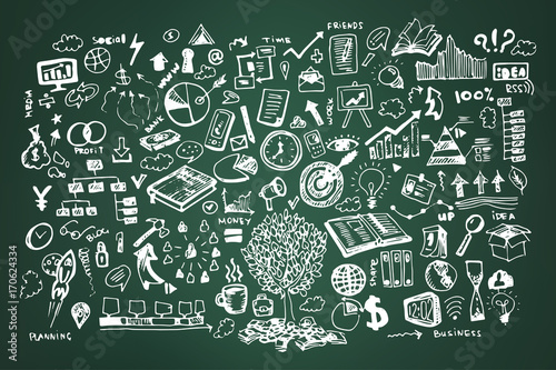 business doodle vector illustration. Icon and hand drawn elements, chalk icons on green board