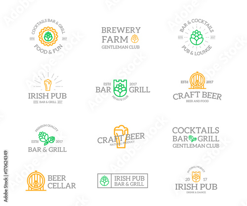 Set of retro vintage beer and alcohol logo or insignia, emblems, labels and badges and other branding objects. Vector line style