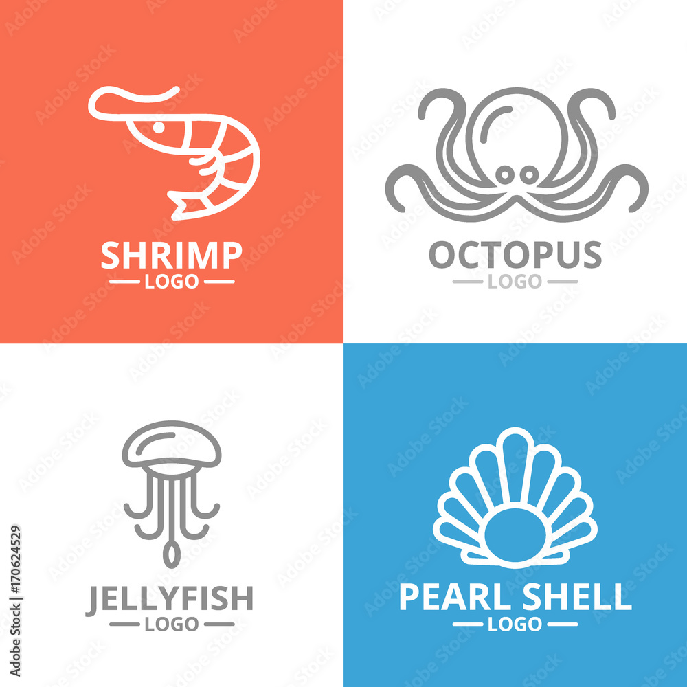 Obraz premium Set of jellyfish and seafood, shrimp, shell, octopus logo or insignia, emblems, labels and badge. Vector line style