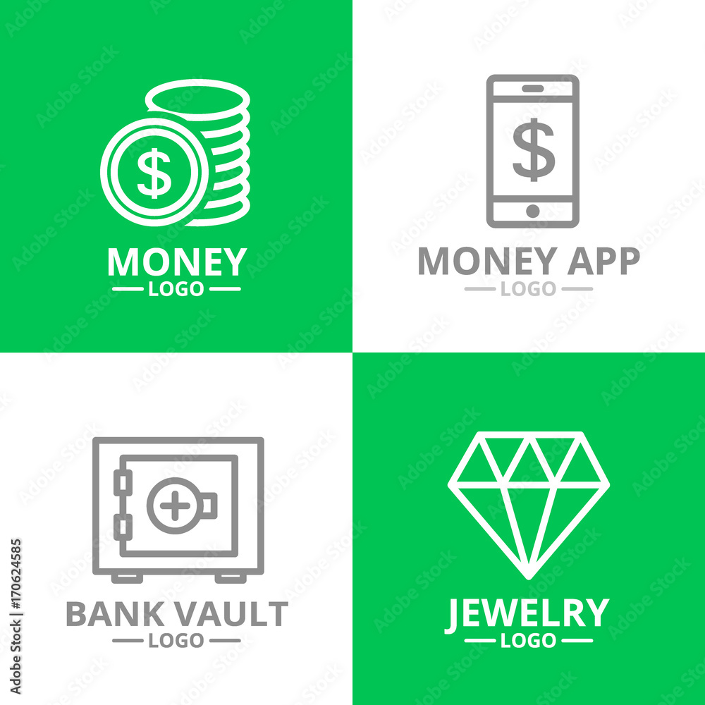 Set of money and bank, cash, diamond, coin logo or insignia, emblems, labels and badge. Vector line style Set of money and bank, cash, diamond, coin logo or insignia, emblems, labels and badge. Vector line style