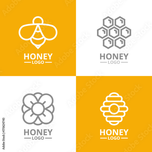 Set of retro vintage honey and bee, flower, honeycomb, hive logo or insignia, emblems, labels and badge. Vector line style