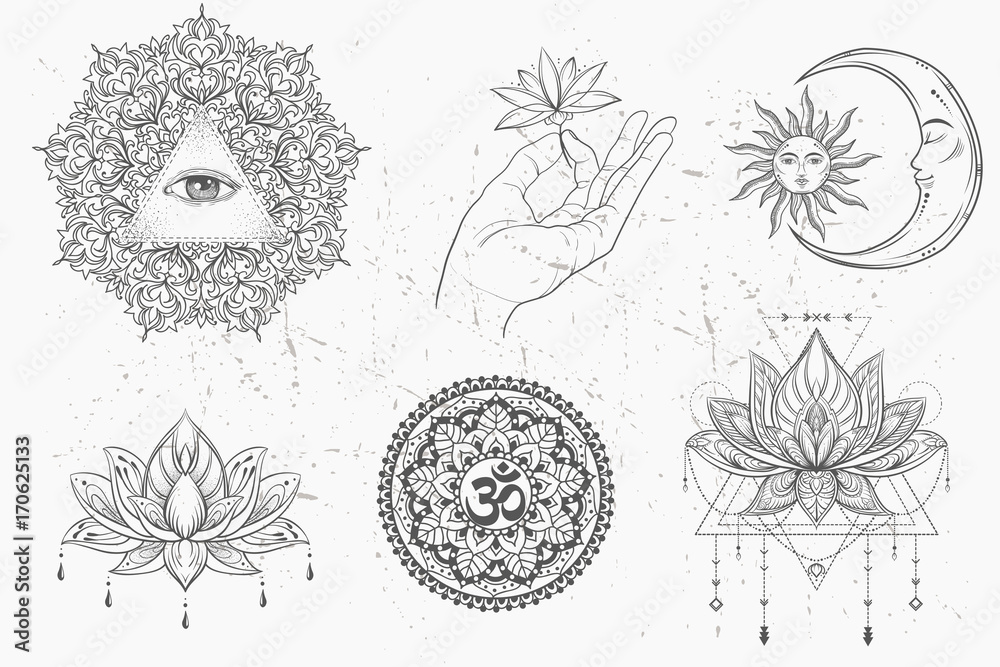 Mandala set and other elements. Vector. Mandala tattoo. , boho style, kaleidoscope, medallion, yoga, india, Arabic. circular pattern, sketch for tattoo Stock Vector