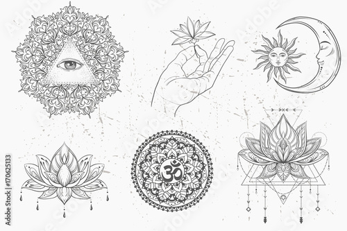 Mandala set and other elements. Vector. Mandala tattoo. , boho style, kaleidoscope, medallion, yoga, india, Arabic. circular pattern, sketch for tattoo