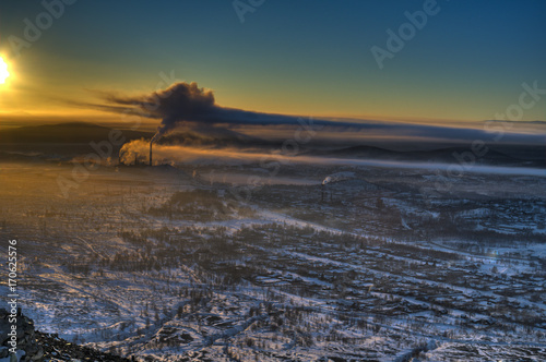 Canvas Print View of the city of Karabash (Chelyabinsk region) from the mountain at sunset