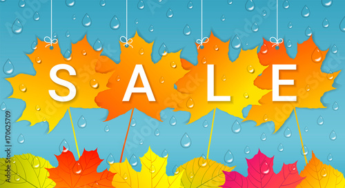 Autumn sale banner with colorful leaves and raindrops on blue background.