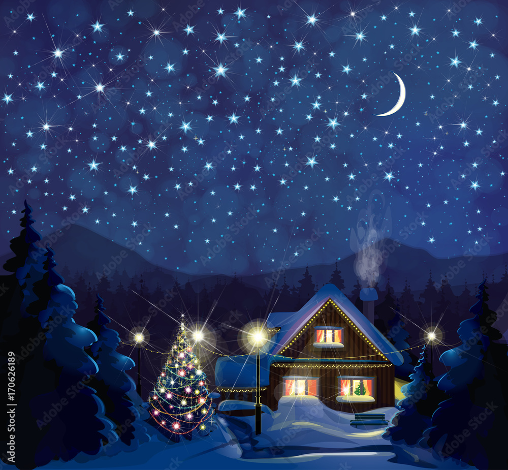 Vector night winter landscape with house, Christmas tree and starry sky  background. Stock Vector | Adobe Stock