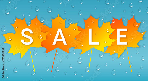 Autumn sale banner with colorful leaves and raindrops on blue background.