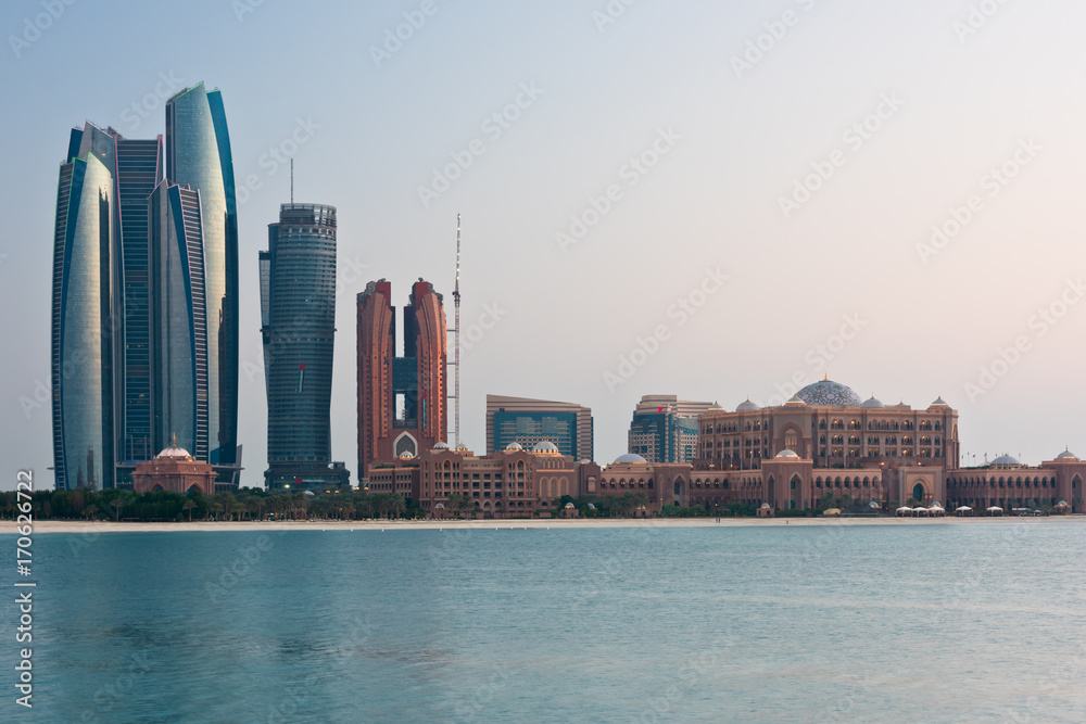 Abu Dhabi buildings skyline from the sea