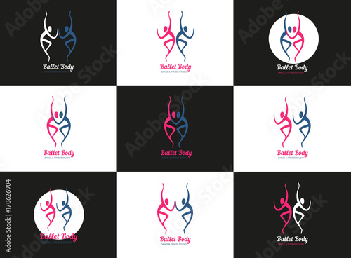 Dance concept. Set of icons. Ballet studio logo design template. Fitness dance class banner background with symbol of abstract people ballerina dancer in dancing poses. Vector illustration.