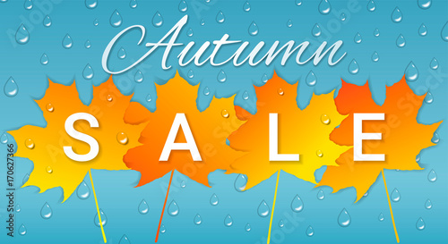 Autumn sale banner with colorful leaves and raindrops on blue background.