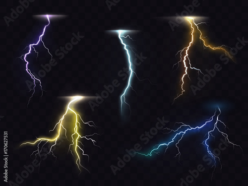 Colored lightning bolt vector set on transparent background. Electric discharges, thunderbolt glowing realistic light effects. Stormy weather, powerful energy release, high voltage strike illustration