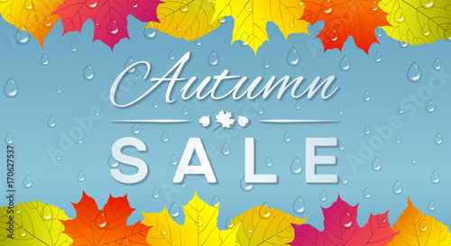 Autumn sale banner with colorful leaves and raindrops on blue background.