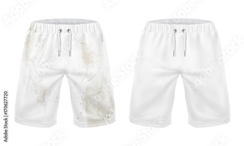 Pare of dirty and clean white shorts realistic vector isolated on white  background. Mans clothing before after washing, dirt and stains removal  concept for landry, dry-cleaning service, detergent ad Stock Vector